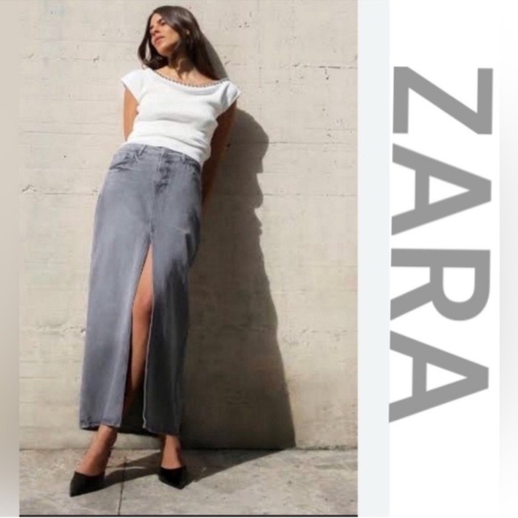 ZARA ZARA Light Gray Wash Denim Maxi Skirt, Front Slit, Size M. - Picture 1 of 11